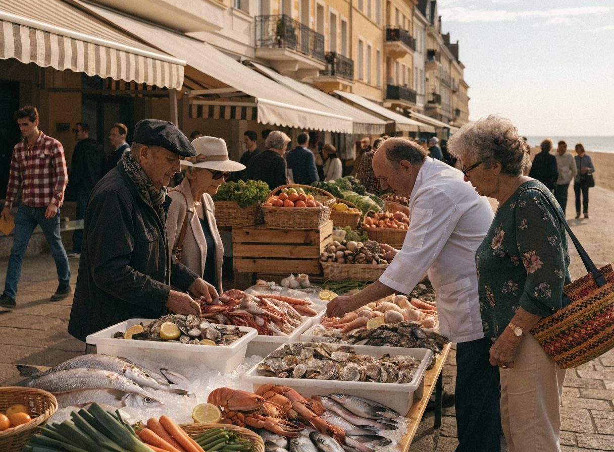Marché matinal de Rivelune : poissons frais et légumes de saison.