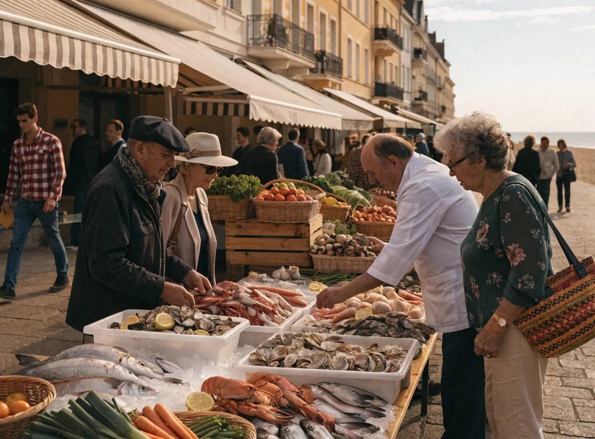 Marché matinal de Rivelune : poissons frais et légumes de saison.