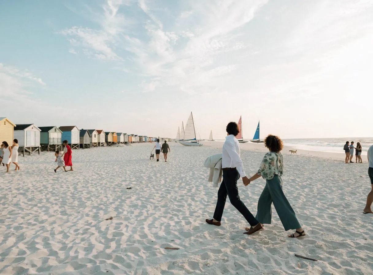 La grande plage de Rivelune et ses cabines.