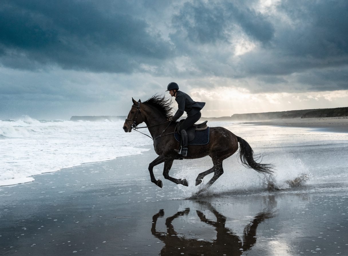 Équitation sur le sable mouillé à marée basse.