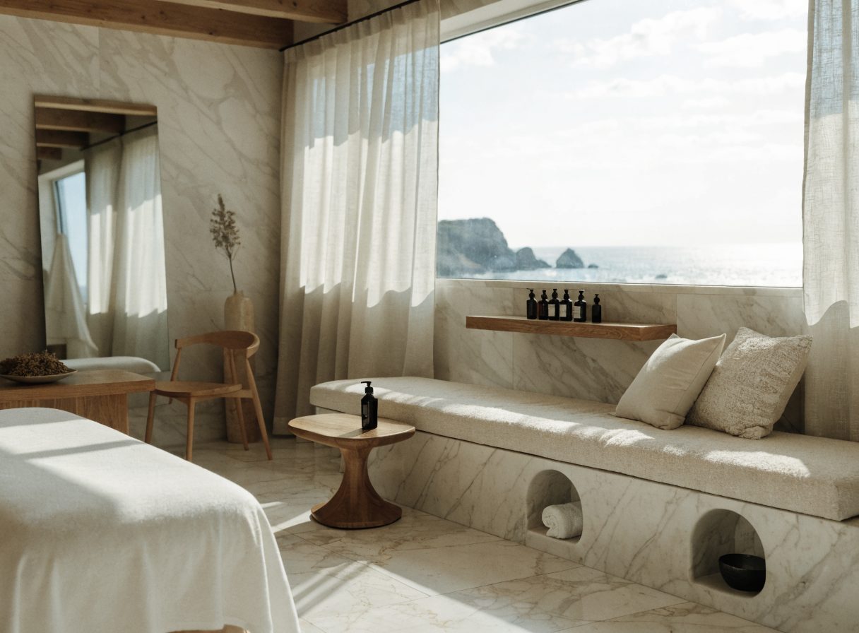 Intérieur de spa balnéaire, lumière naturelle, marbre clair et bois.